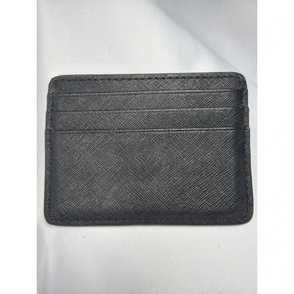 Henri Bendel Saffiano Leather Card Holder Wallet Mens OS Black Gold Logo Slim